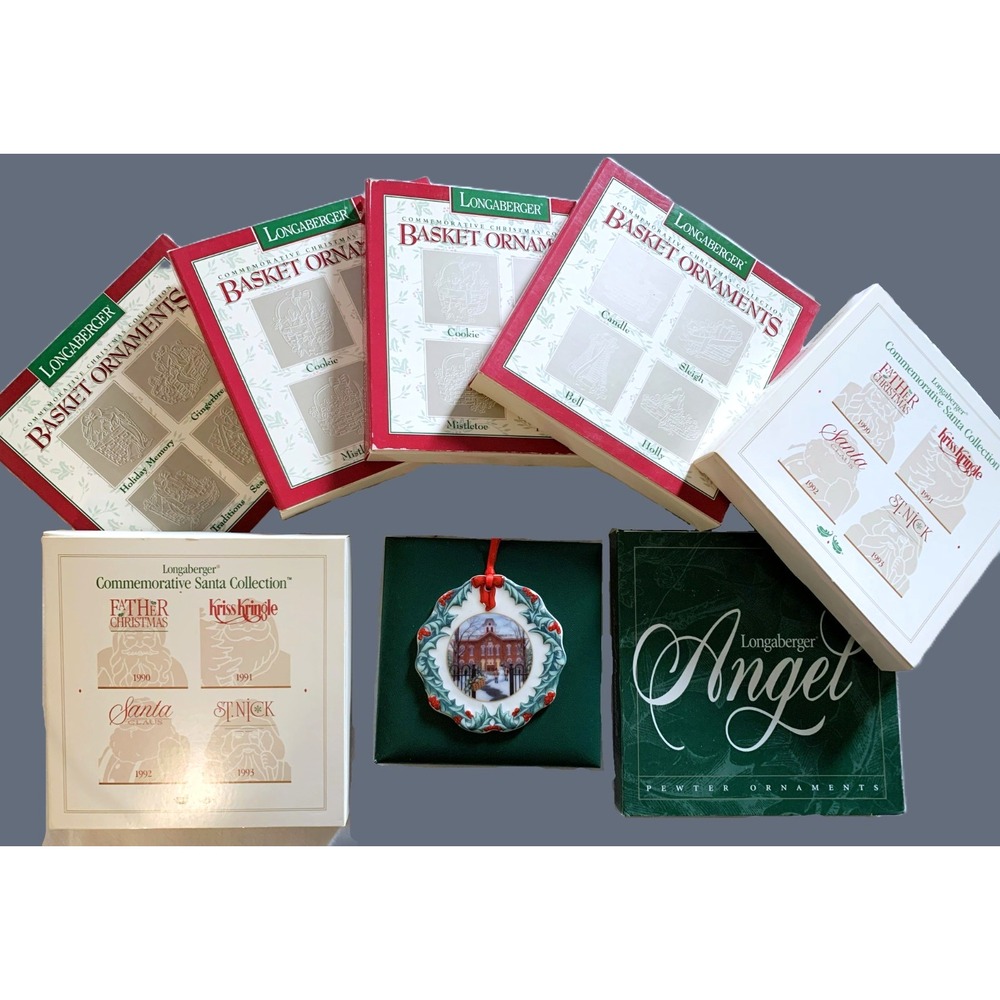 27 Longaberger Dated Vtg 80s/90s Ornaments Santas Angels Baskets Wreaths w Boxes